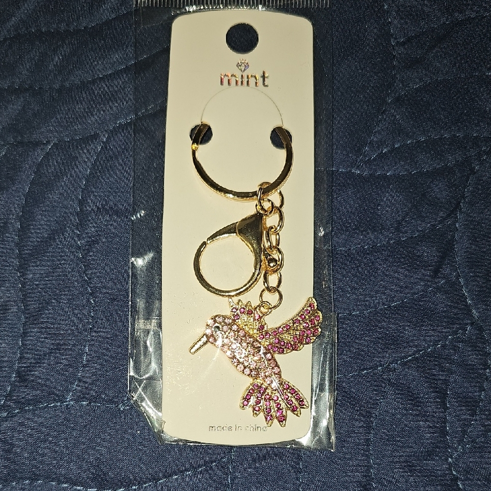 Mint New Pink and Gold Bird Bag Charm Keychain